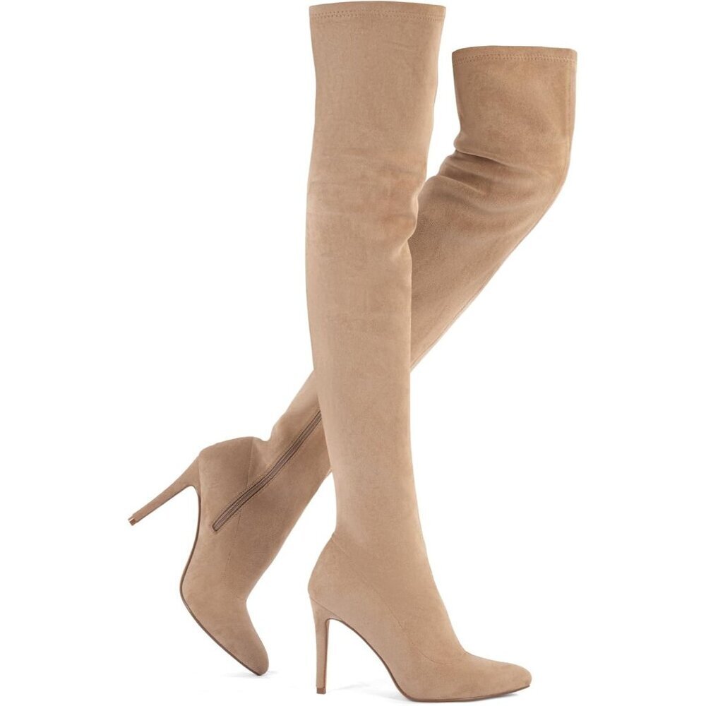 Women Khaki Suede Over The Knee High Stretchy Leather Thigh High Snow Boots